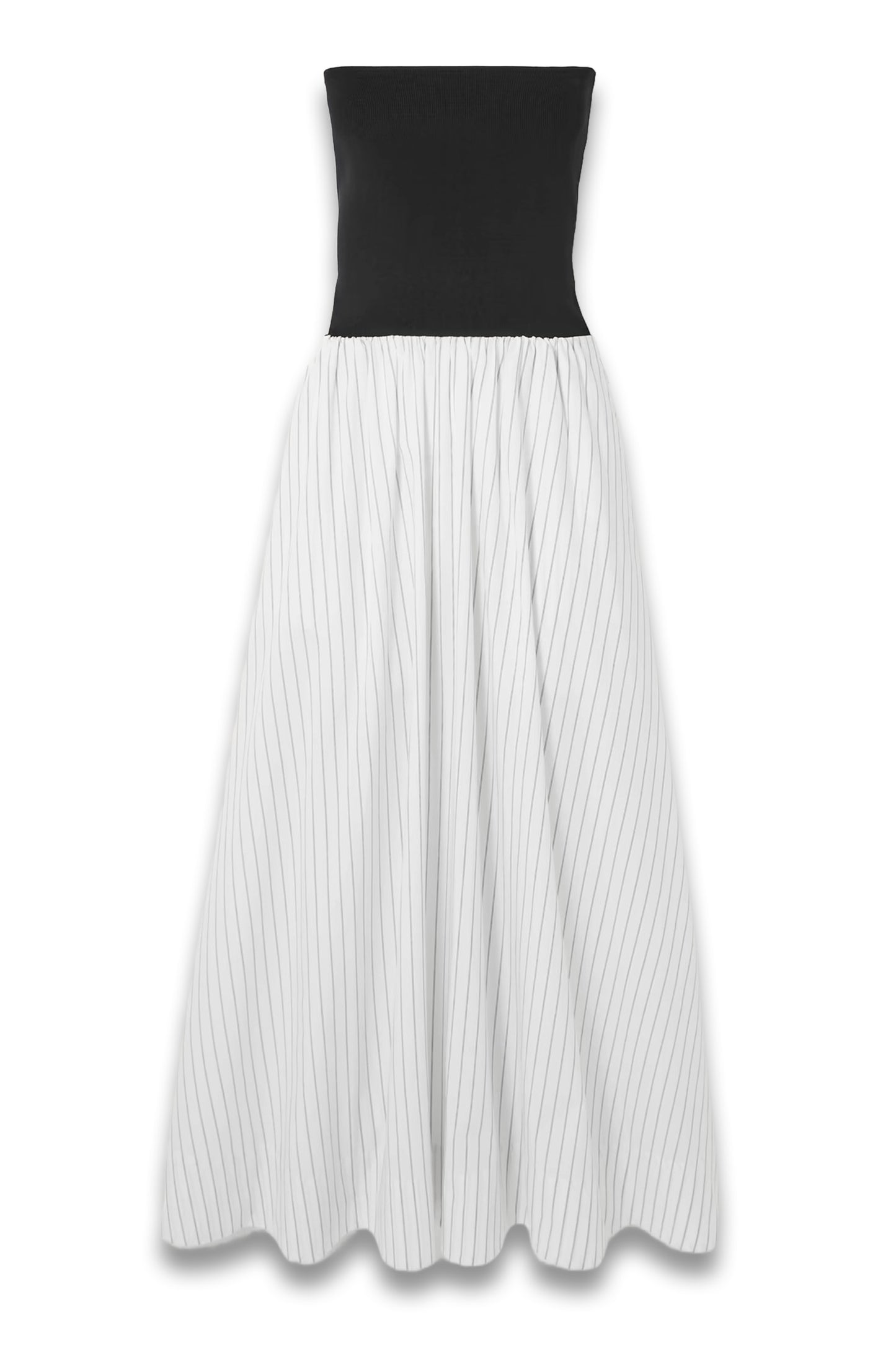 Strapless Jersey and Pinstriped Organic Cotton Maxi Dress
