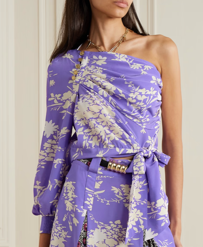 Solange One-shoulder Draped Floral-print Silk Crepe De Chine Top