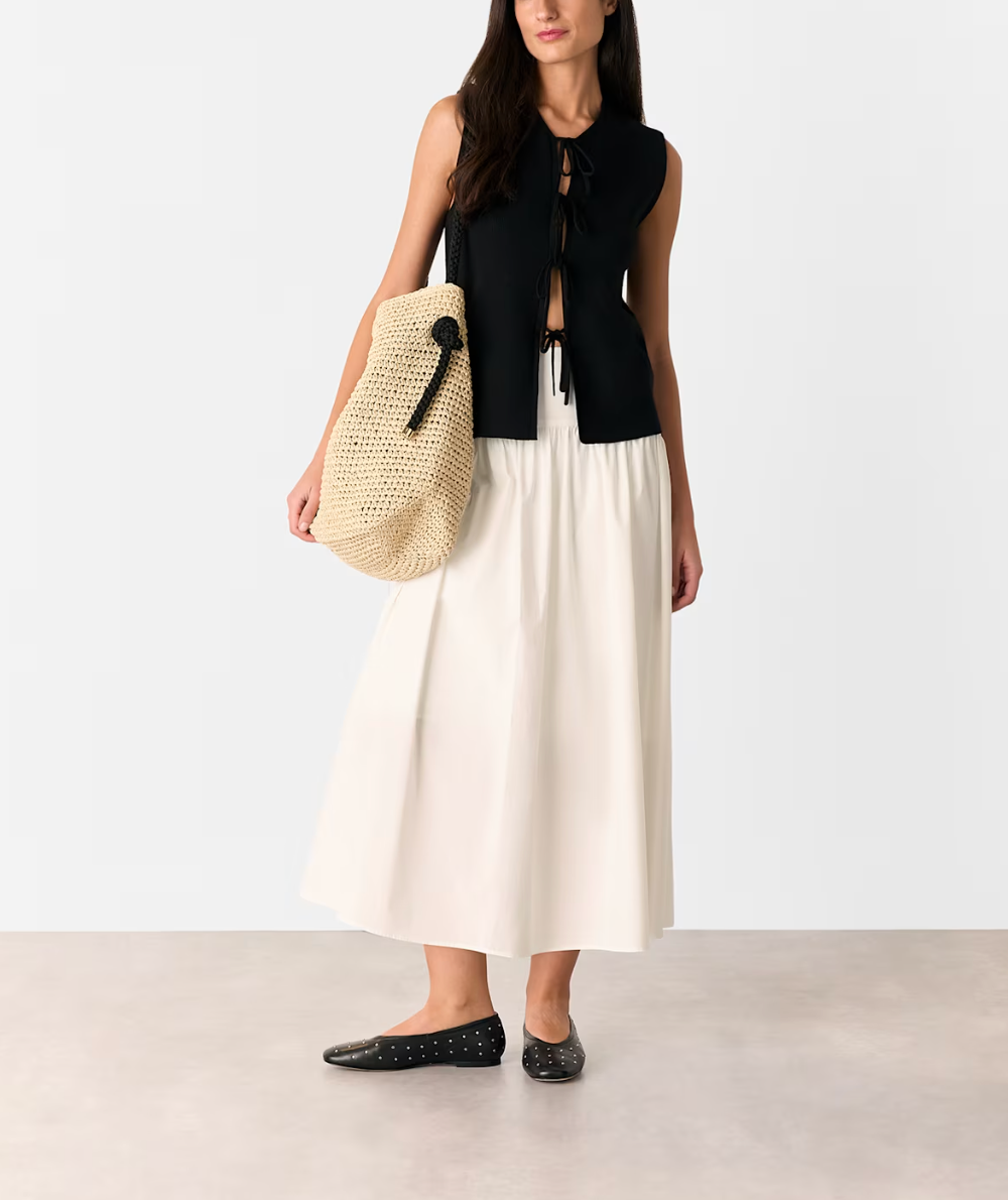 White Cotton Waisted Midi Skirt