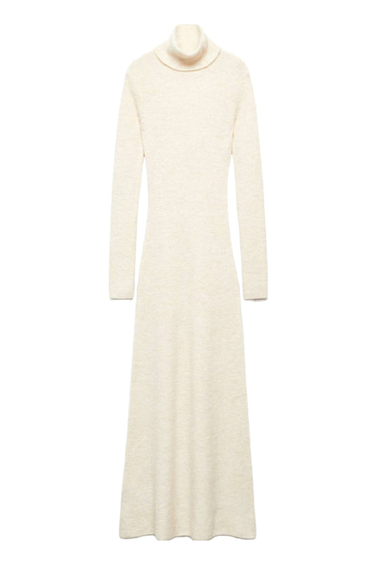 Selena Light Beige Knitted Roll Neck Midi Dress