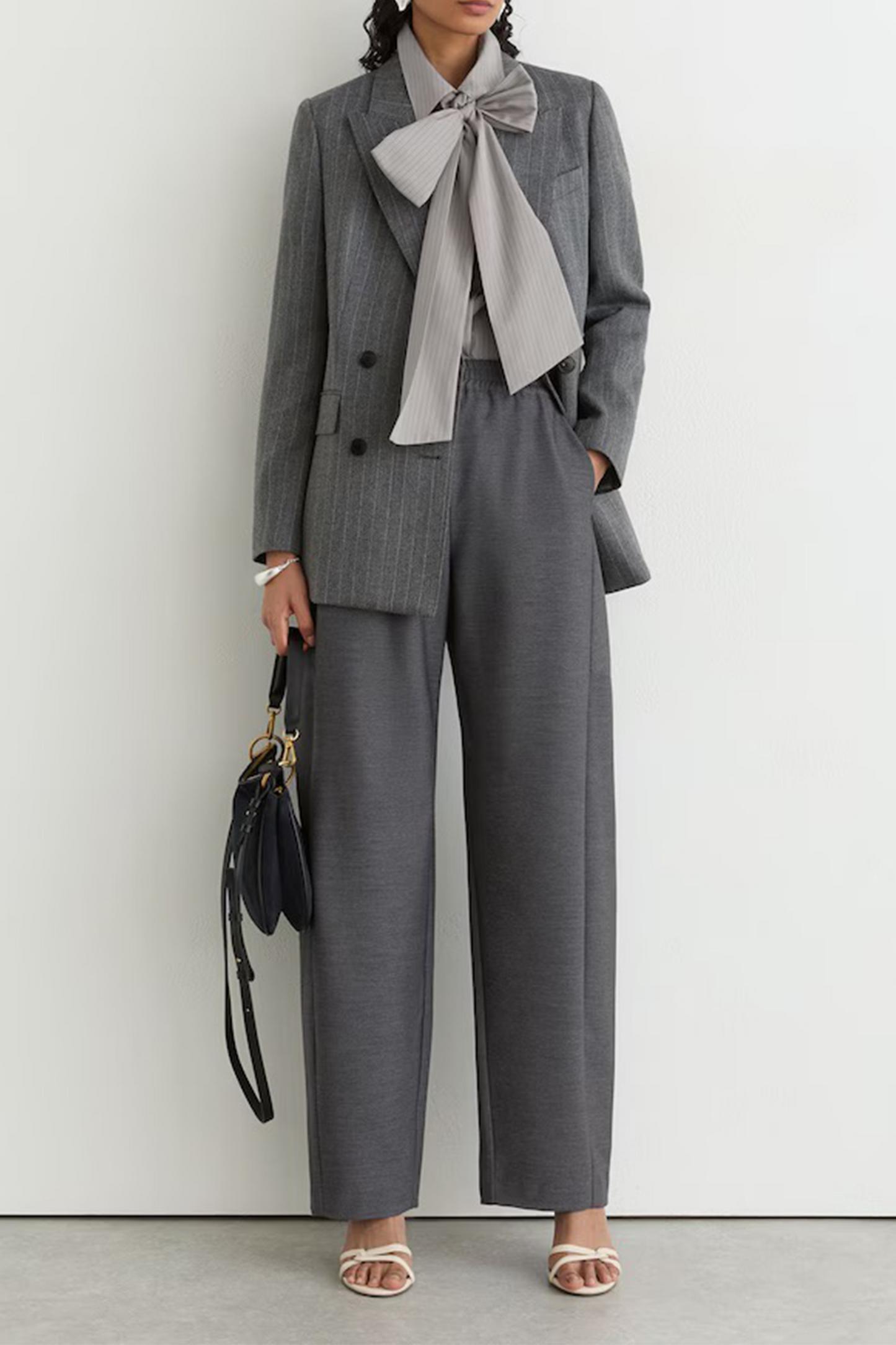 Elowen Cotton Striped Tie-Neck Shirt in Grey