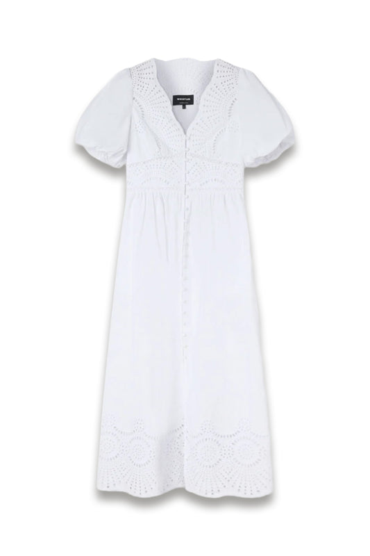 White Cotton Broderie V Neck Dress
