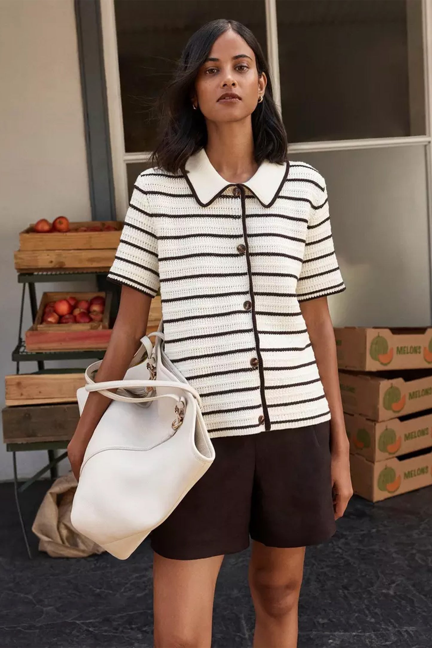 Alderton Cotton Short Sleeve Striped Crochet Shirt