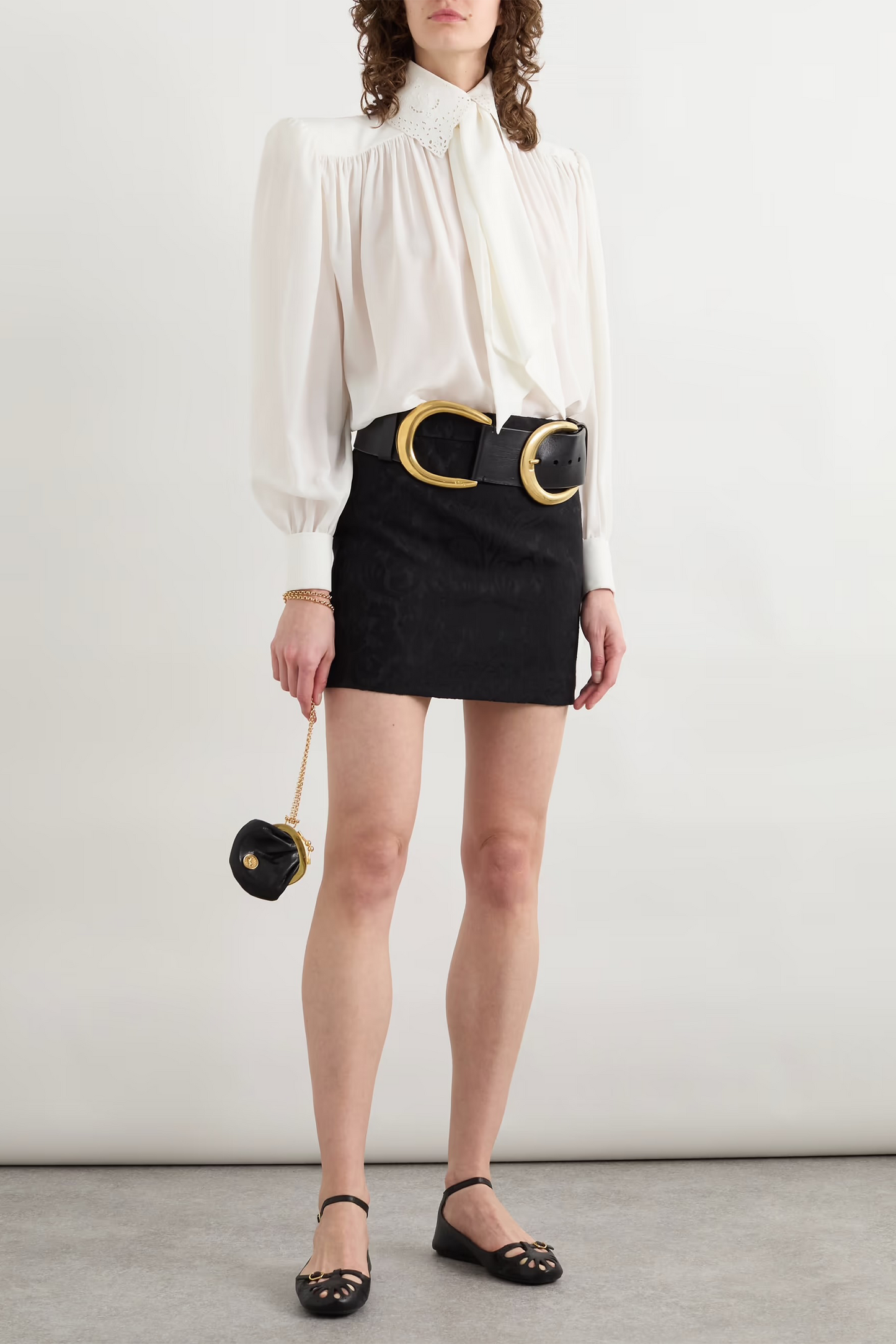 Pussy-bow Broderie Anglaise-trimmed Gathered Organic Silk Shirt