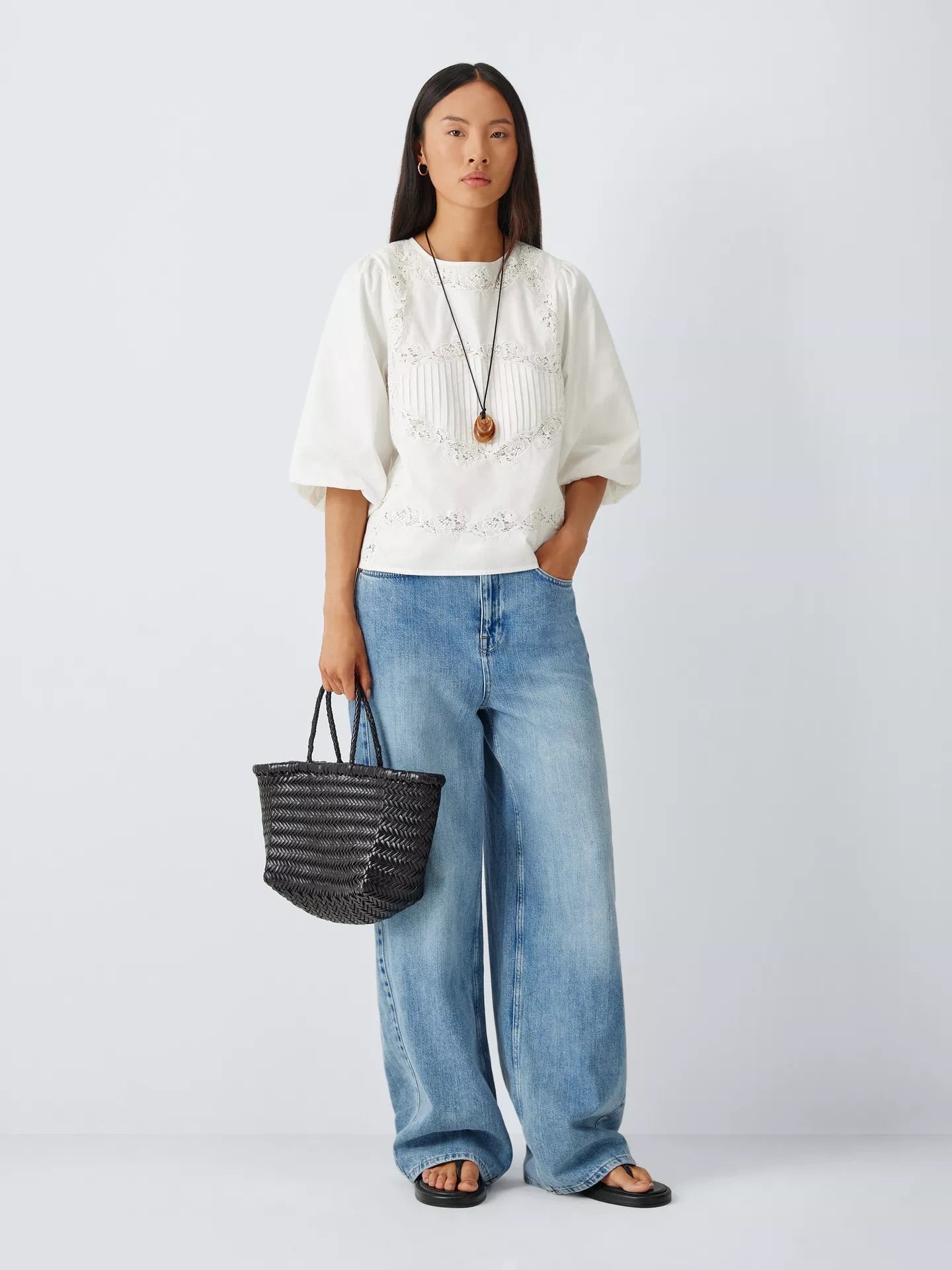 Short Sleeve Embroidered Cotton Blouse, Ivory