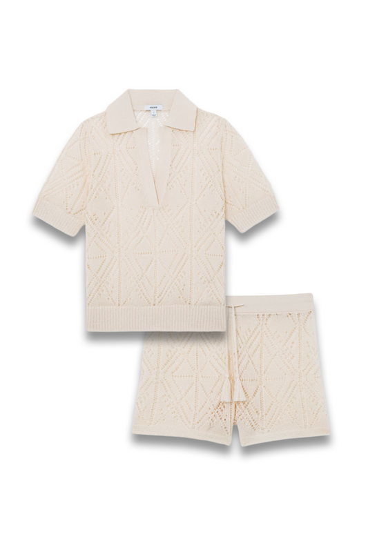 Cotton-Blend Open-Knit Top and Shorts in Cream