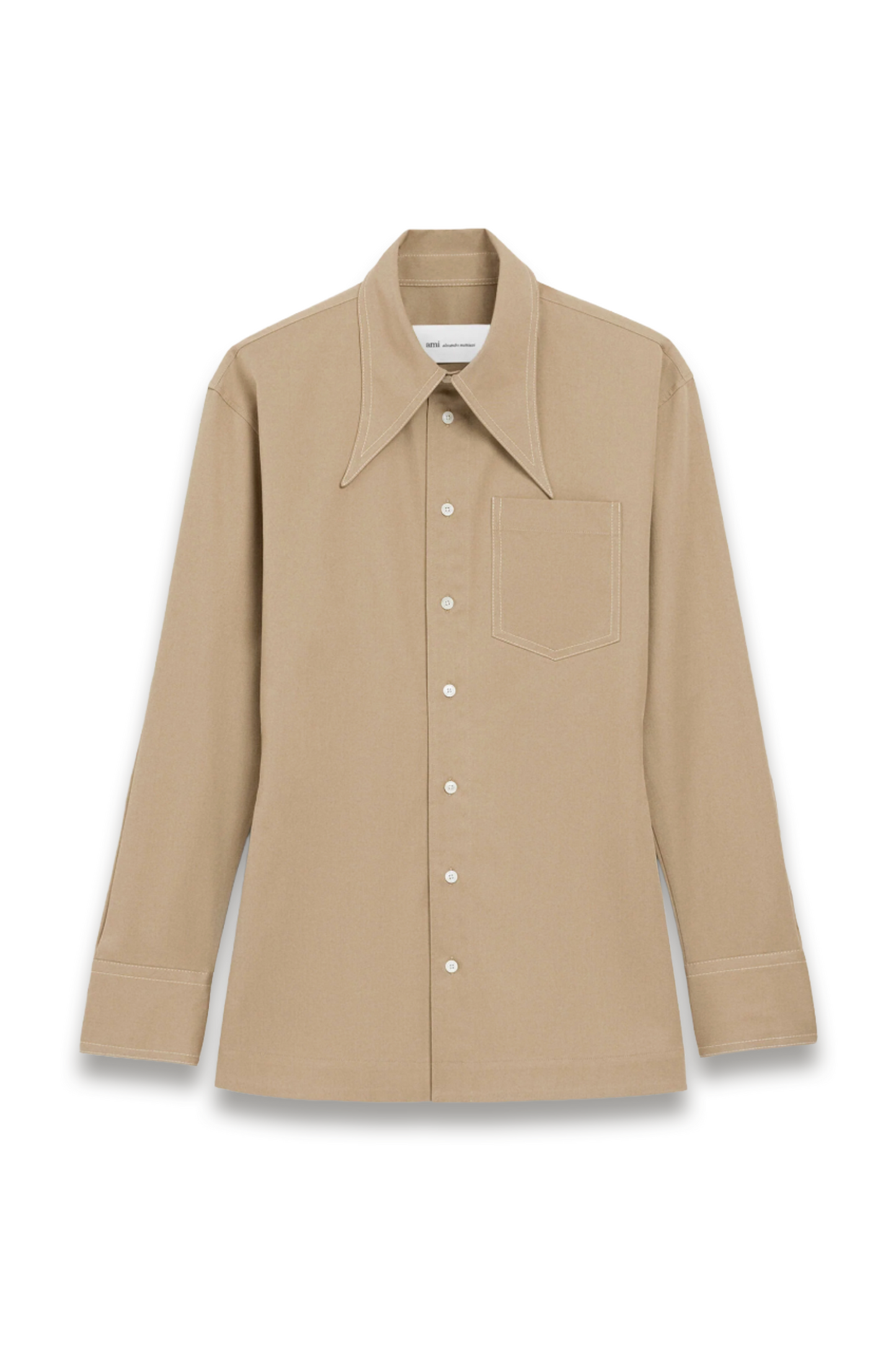 Beige Cotton Sharp Collar Fitted Shirt
