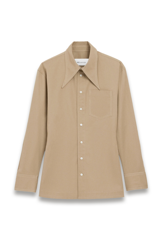 Beige Cotton Sharp Collar Fitted Shirt