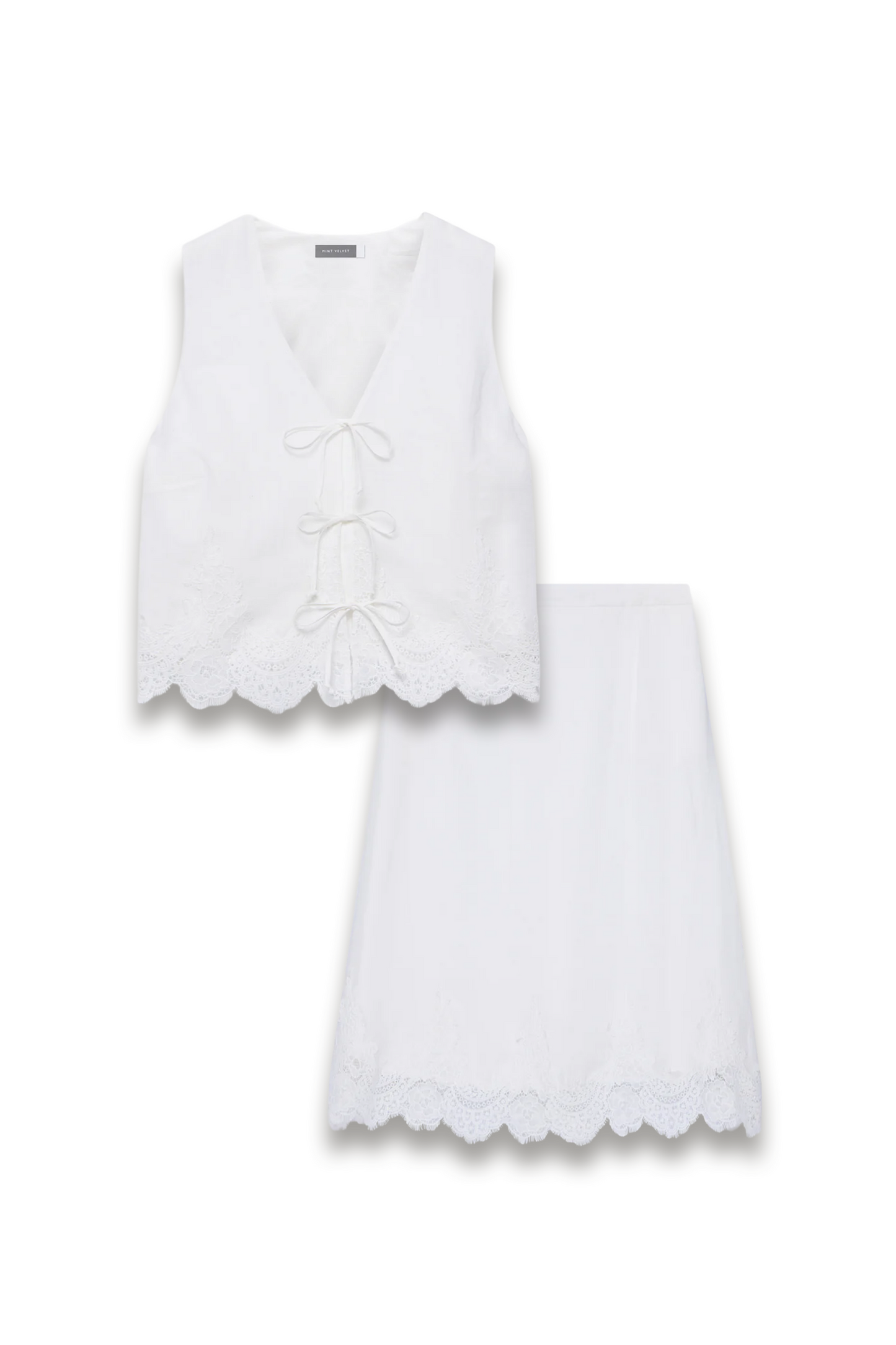 White Ramie Lace Detail Top and Midi Skirt