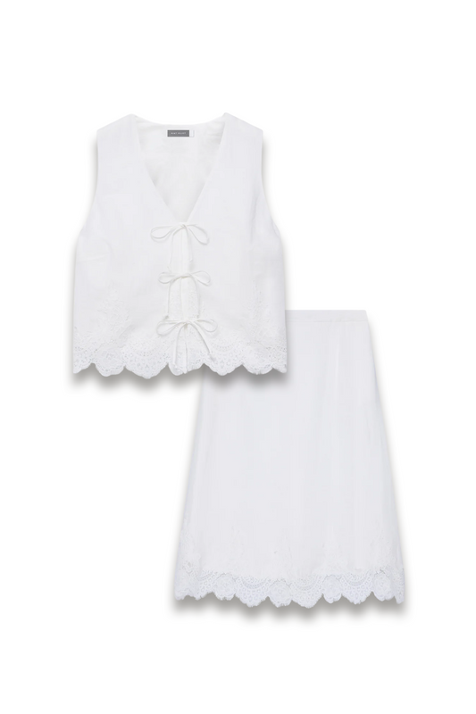 White Ramie Lace Detail Top and Midi Skirt