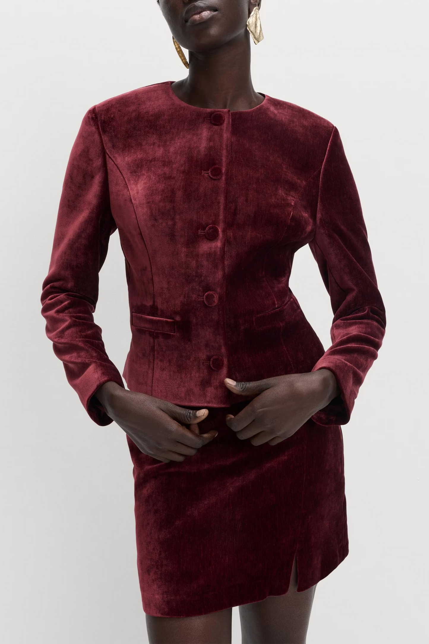Velvet Mottled Collarless Fitted Jacket