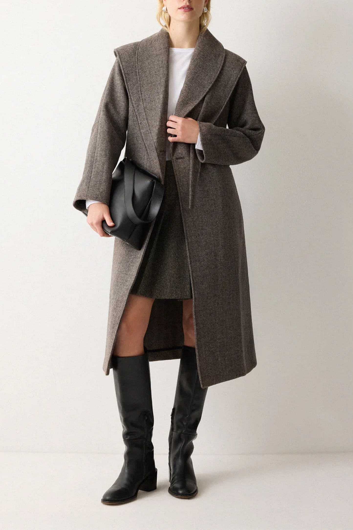 Herringbone Hooded Wrap Coat