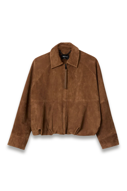 Taupe Gathered Suede Zip Jacket