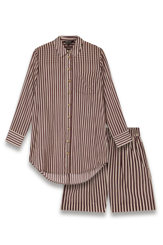 Burgundy Stripe Long Sleeve Beach Shirt and Shorts