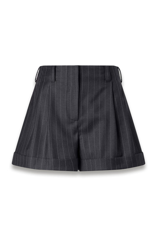 Striped double-pleated wool shorts