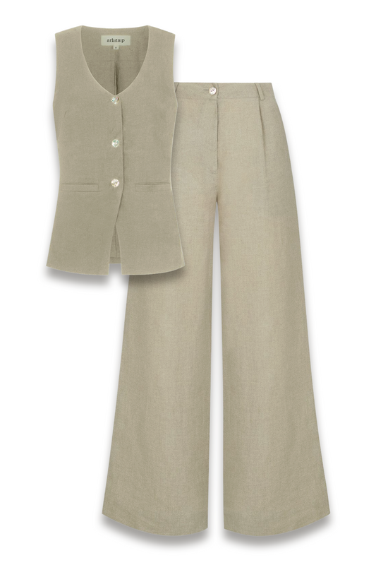 The Rosalie Buttoned Vest and Wide-Leg Pleated Linen Trousers in oatmeal