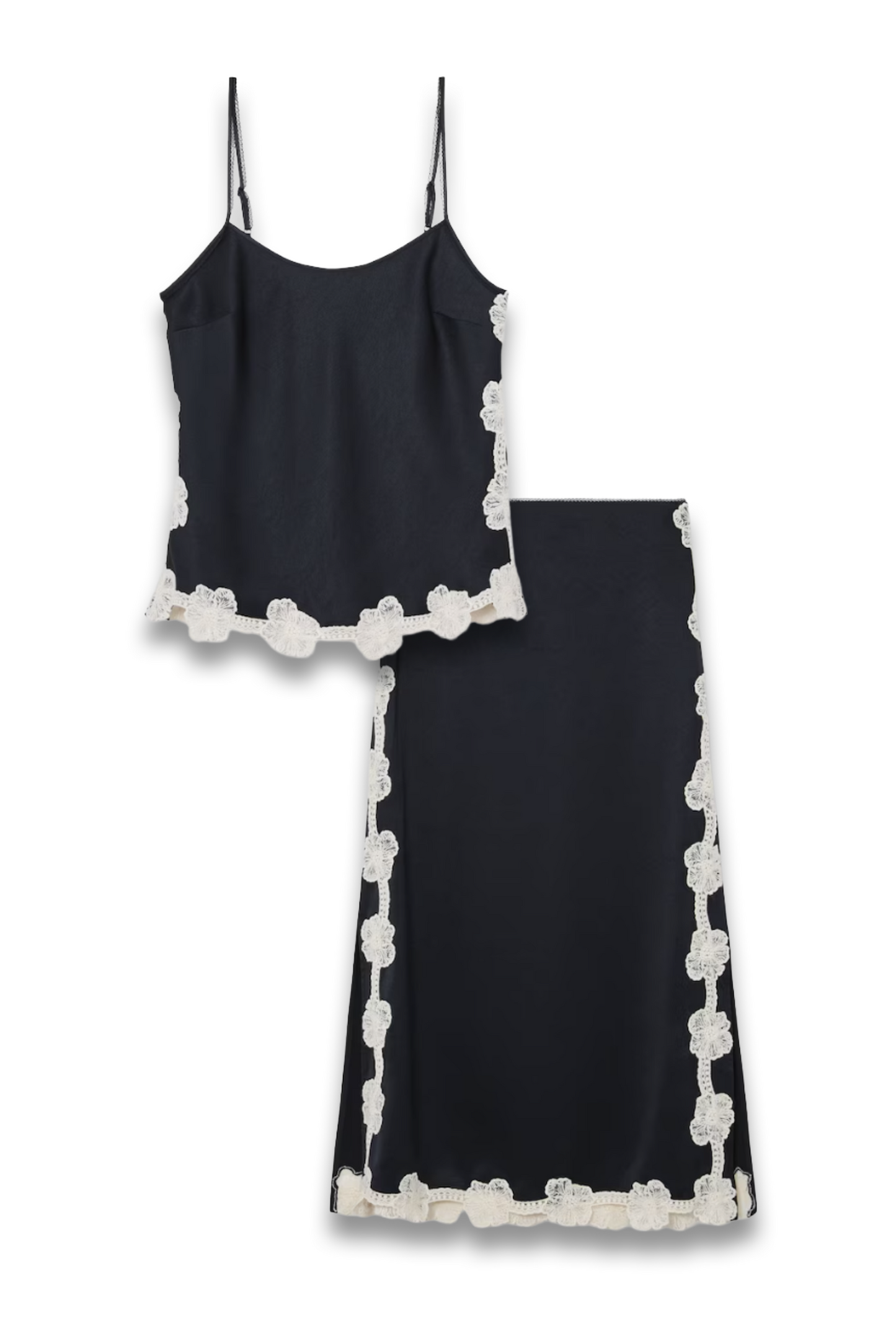 Satin Floral-Lace Trim Cami Top and Floral-Lace Trim Midi Skirt