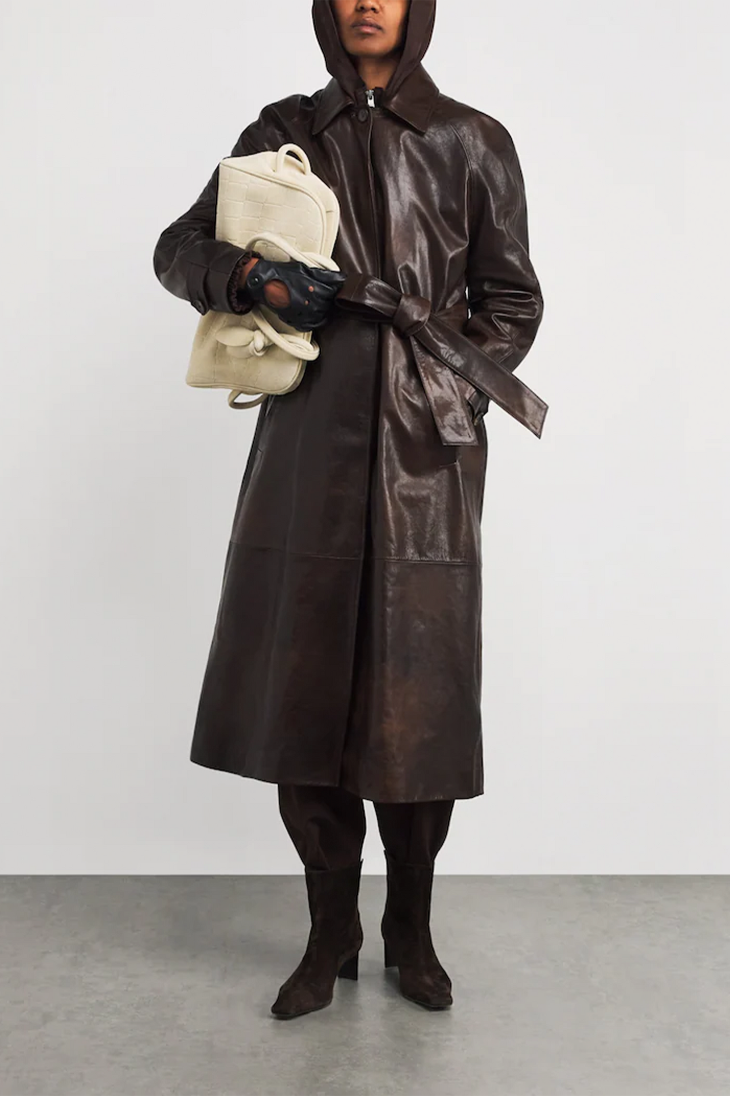 Brown Leather Belted Trench Coat