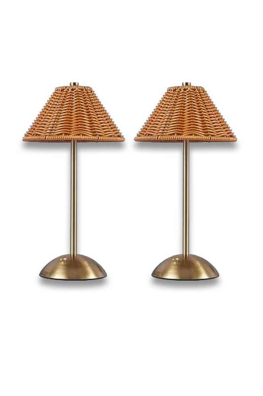 2 Pack Cordless Boho Rattan Table Lamp, Wicker Lamp