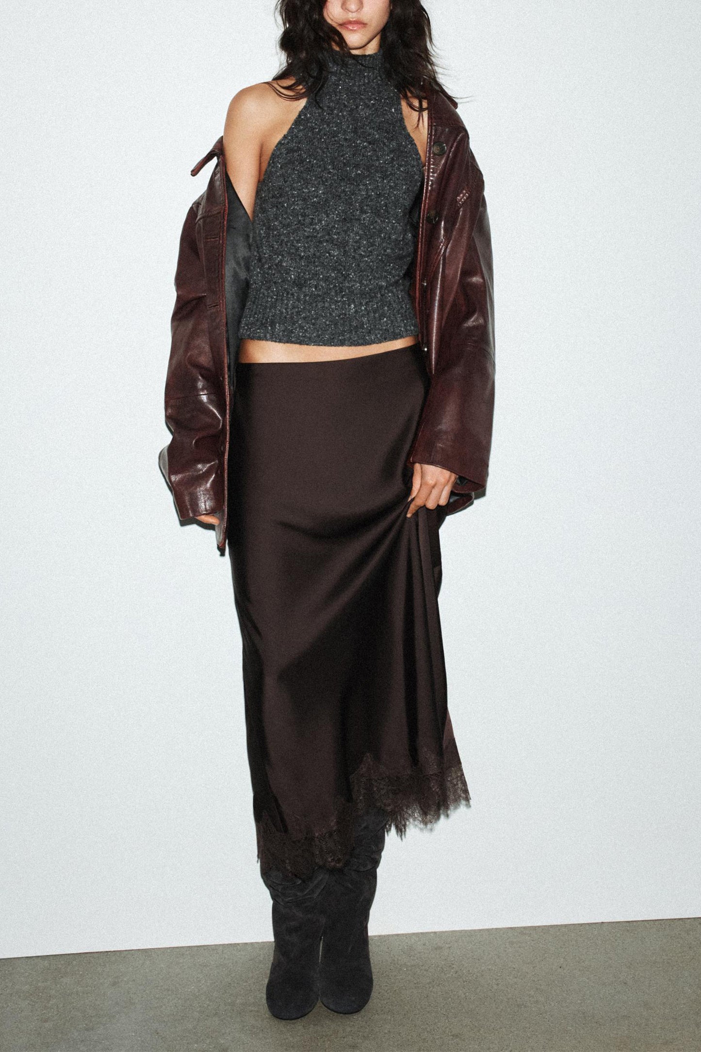 Lace Satin Midi Skirt