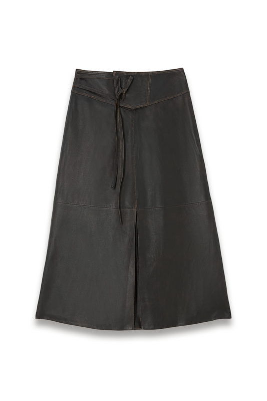 Authentic Wash Leather Tie Front Leather Midi Skirt, Brown