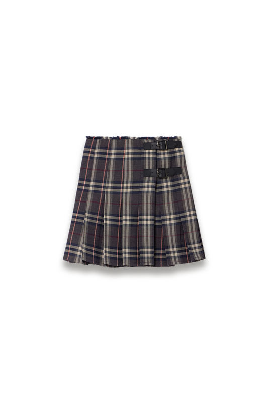 Leather-trimmed Pleated Checked Wool Mini Skirt