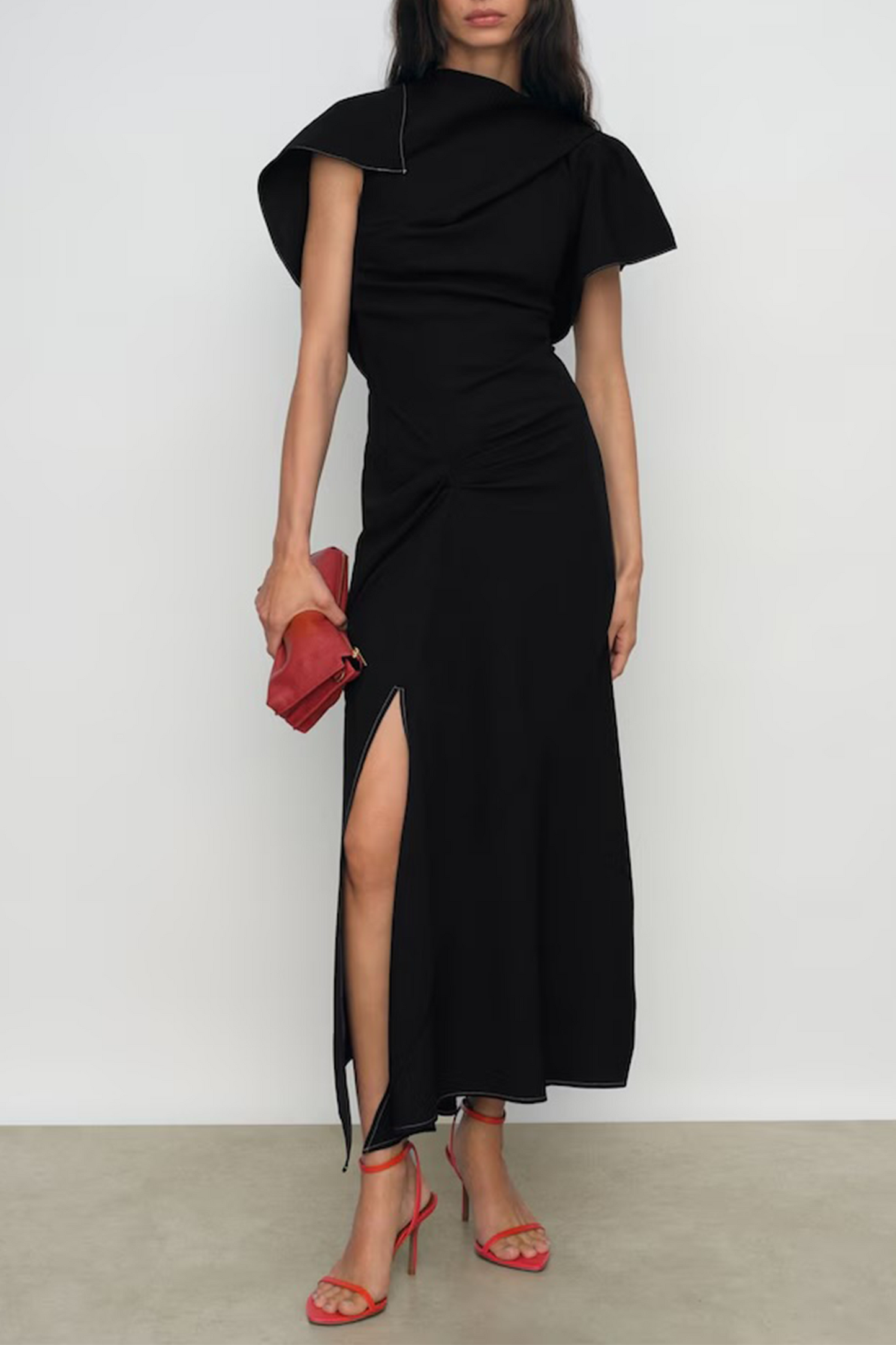 Saskia Asymmetric Draped Midi Dress in Black