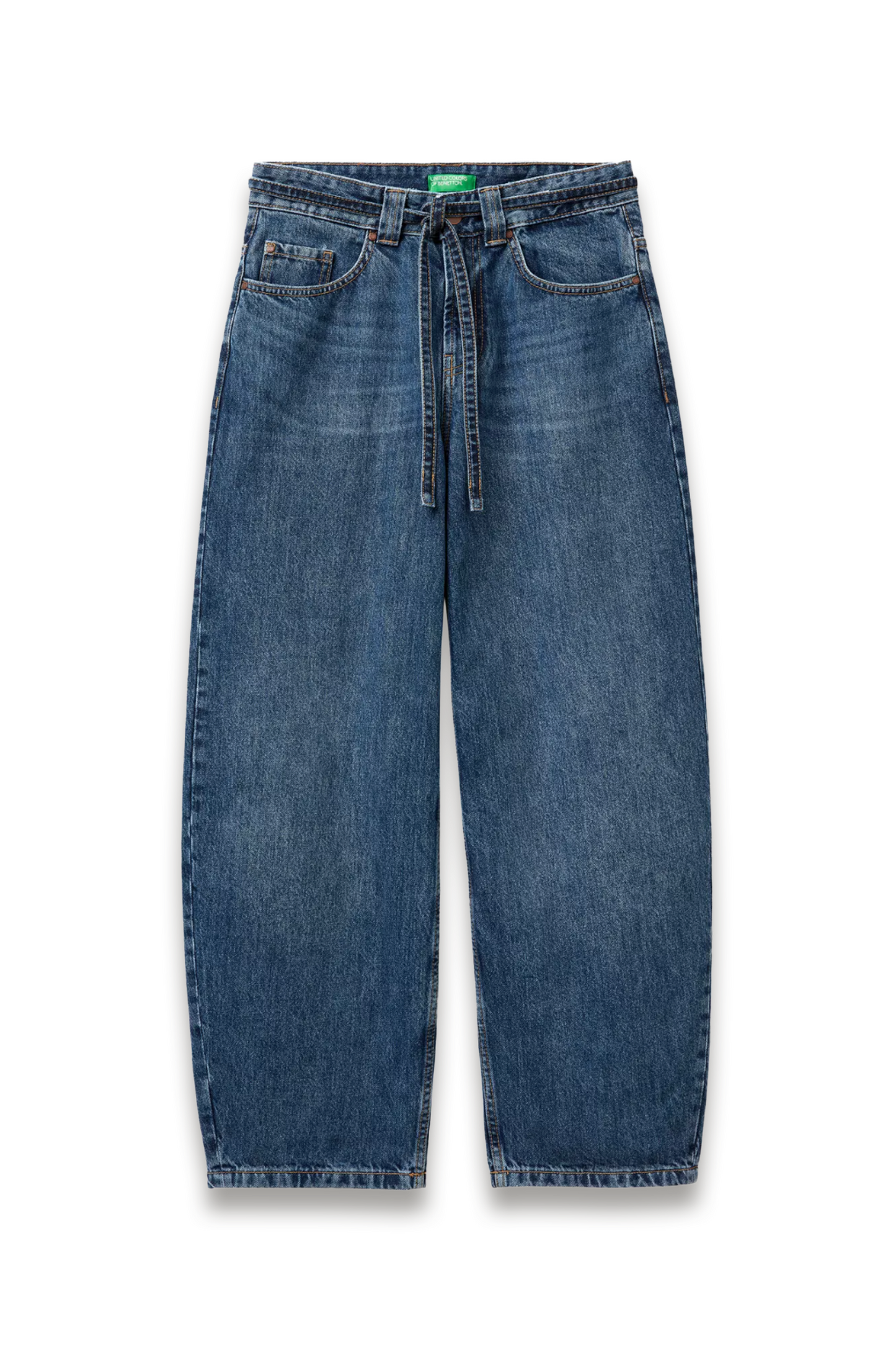 Barrel Leg Tie Belt Denim Jeans, Blue