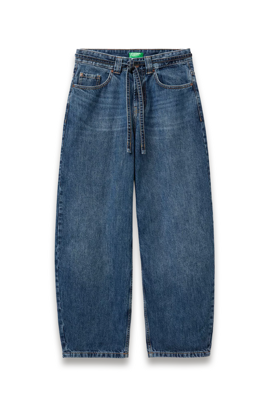 Barrel Leg Tie Belt Denim Jeans, Blue
