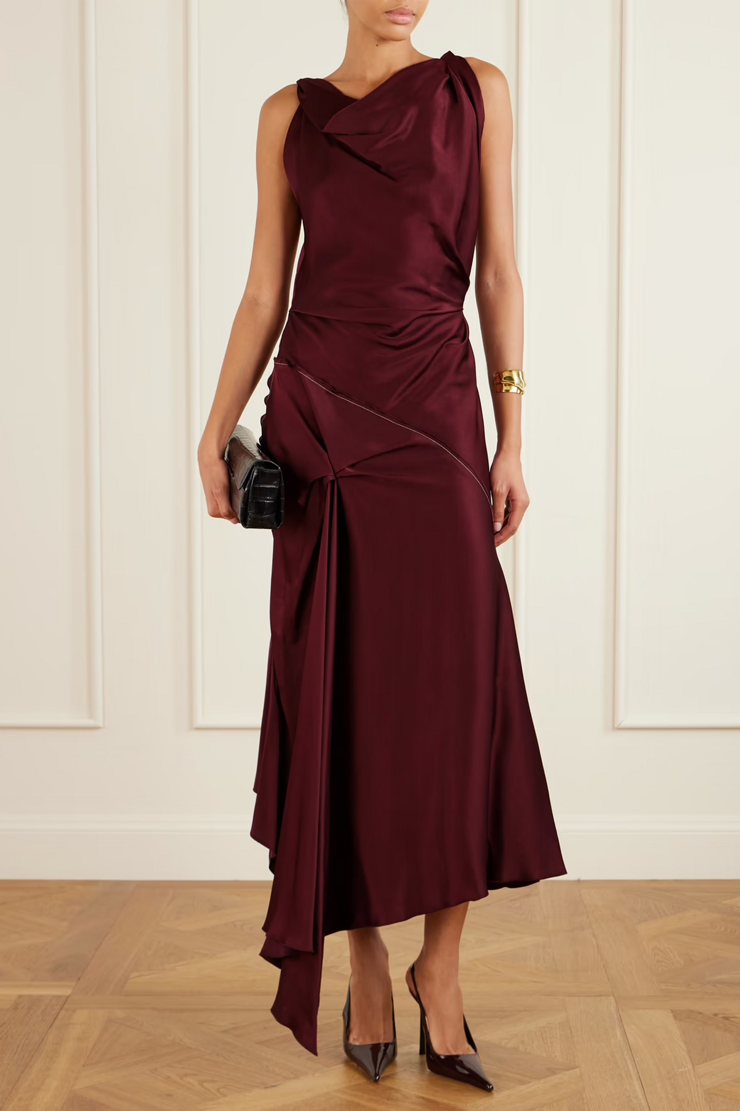 Asymmetric Draped Gathered Satin-crepe Dress
