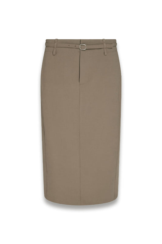Belted Twill Midi Pencil Skirt
