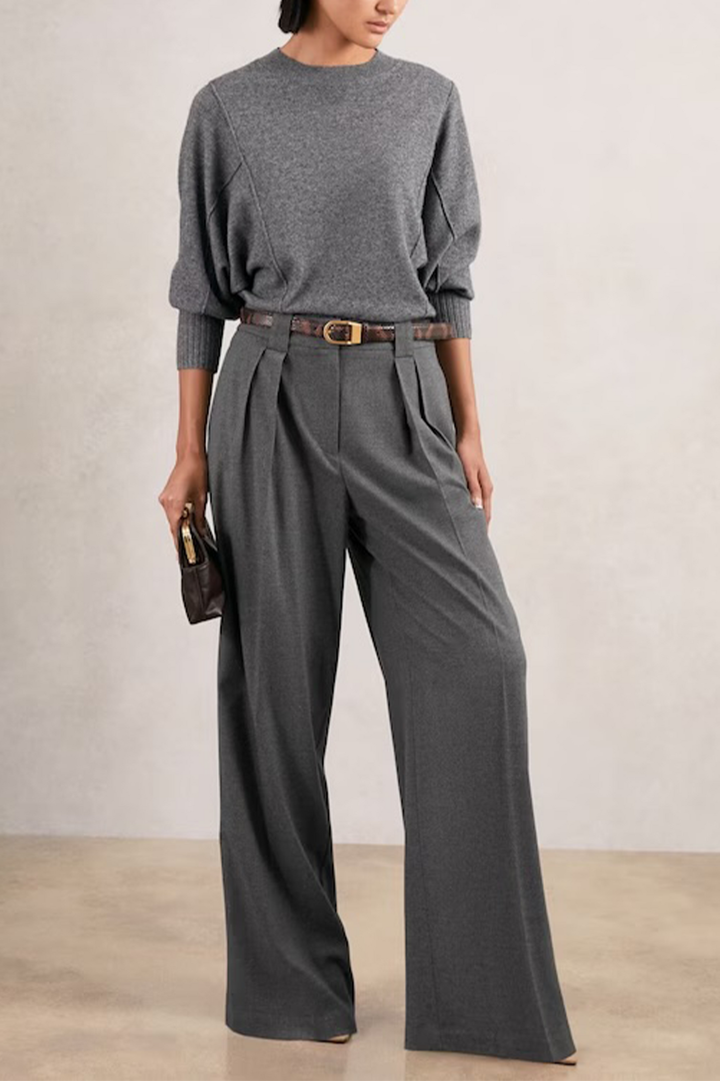 Poppie Wide-Leg Pleated Trousers in Grey