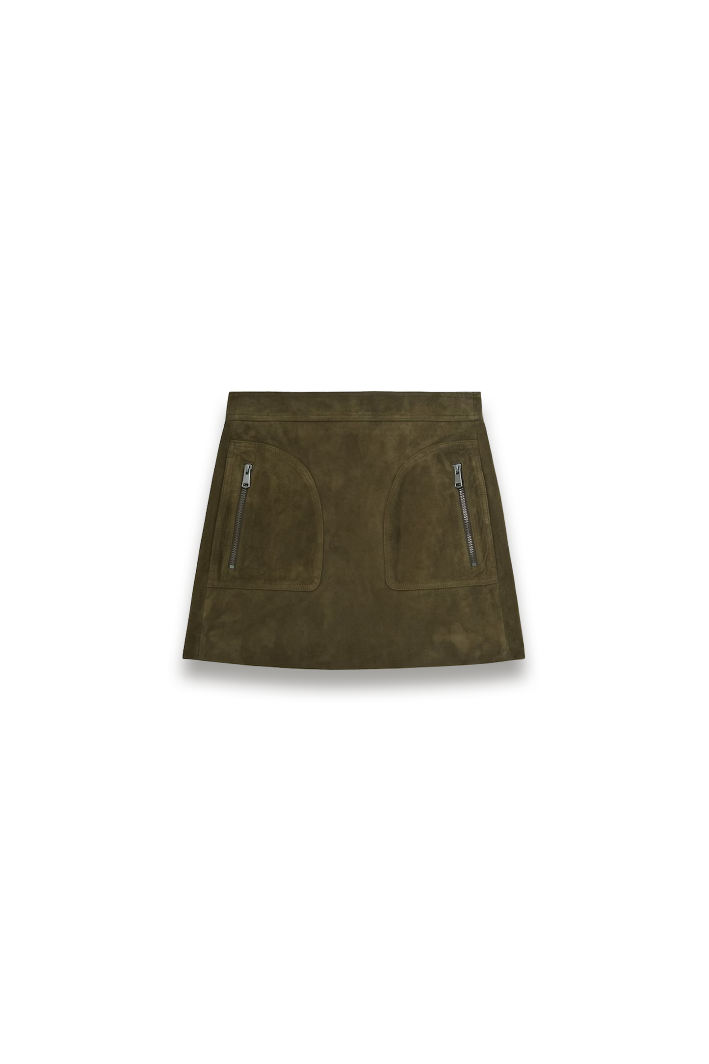 Tate Suede Zip-Pocket Mini Skirt in Khaki Green