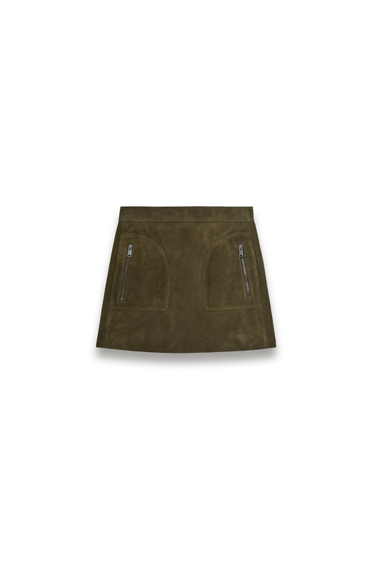 Tate Suede Zip-Pocket Mini Skirt in Khaki Green