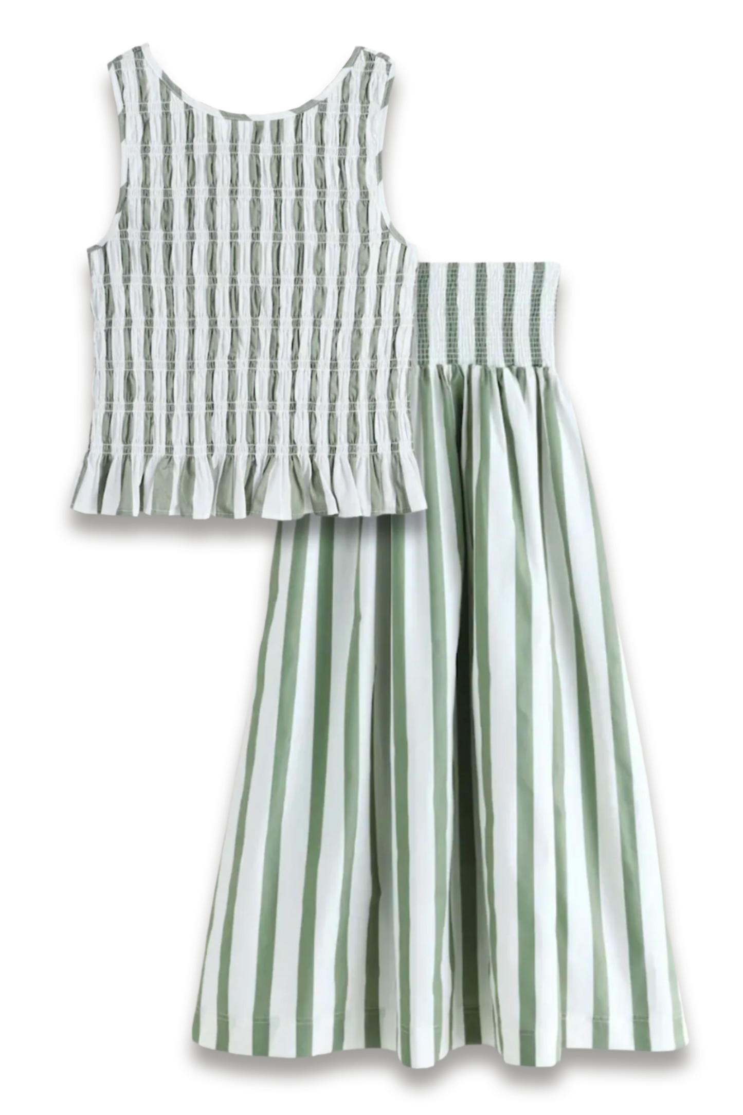 Sage Green Striped Shirred Top and Maxi Skirt