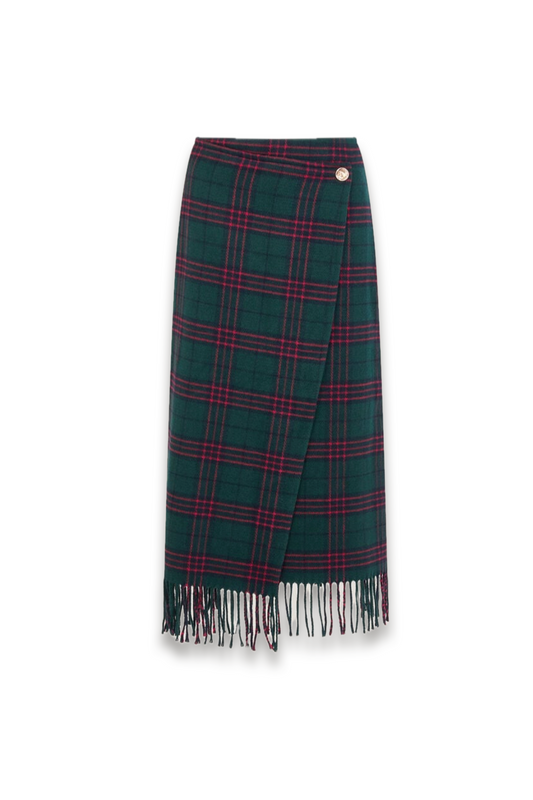 Winder Tartan Fringe Midi Skirt in Teal