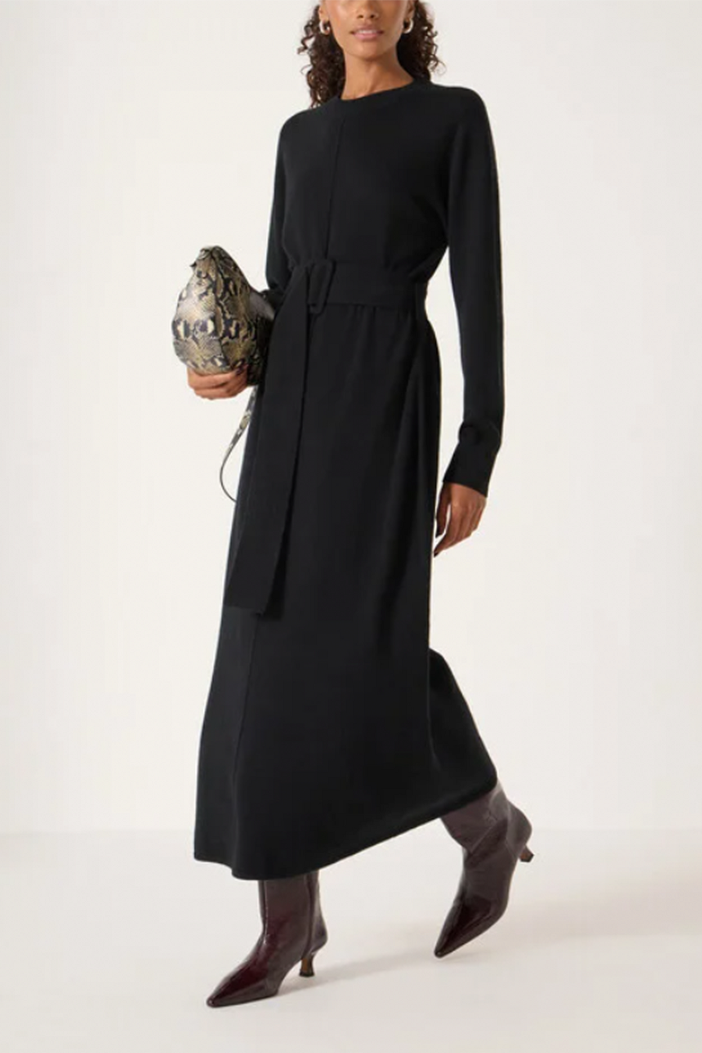 Buckle Belt Merino Wool Midi Dress