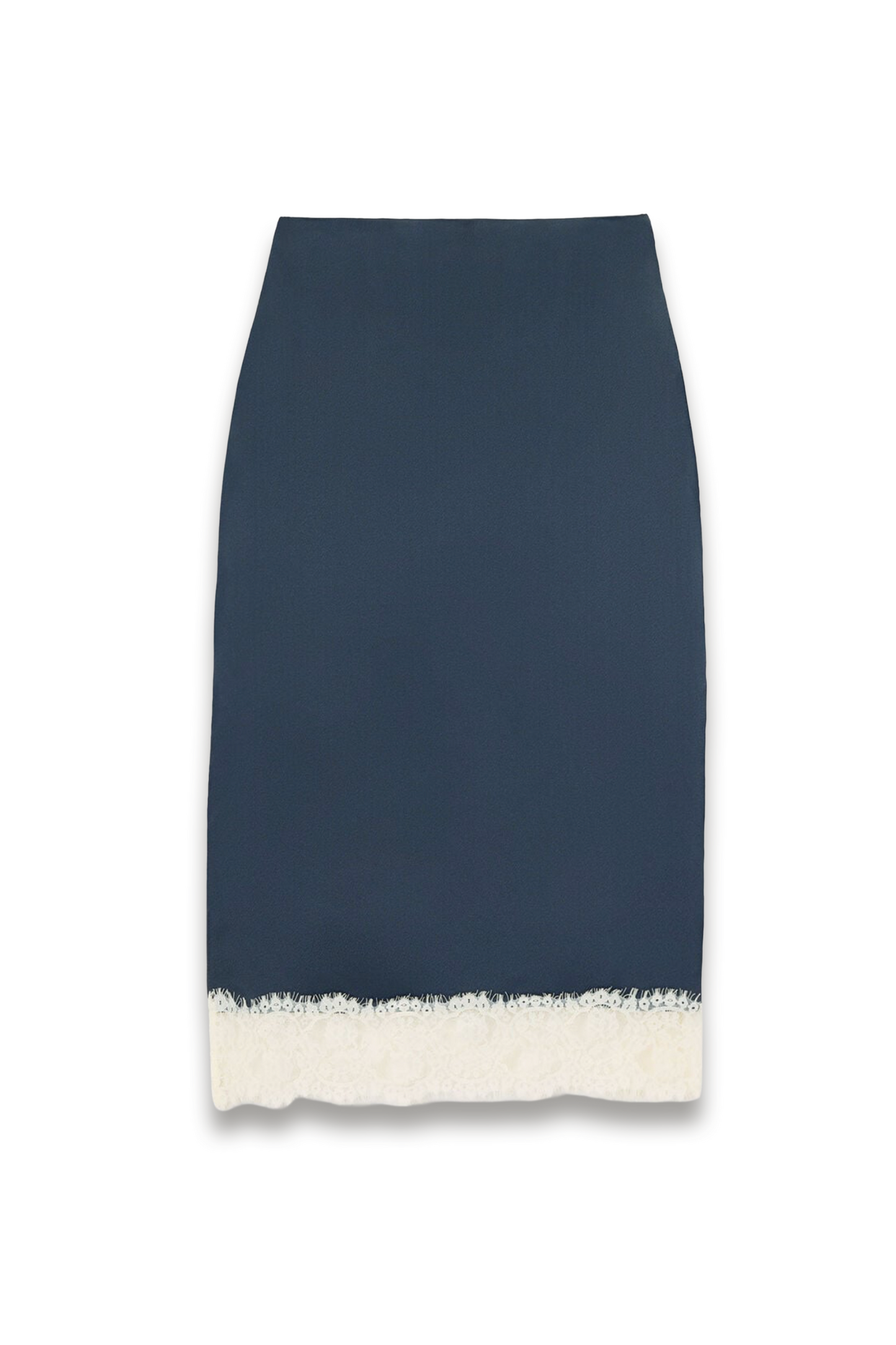 Navy Lace Hem Satin Midi Skirt