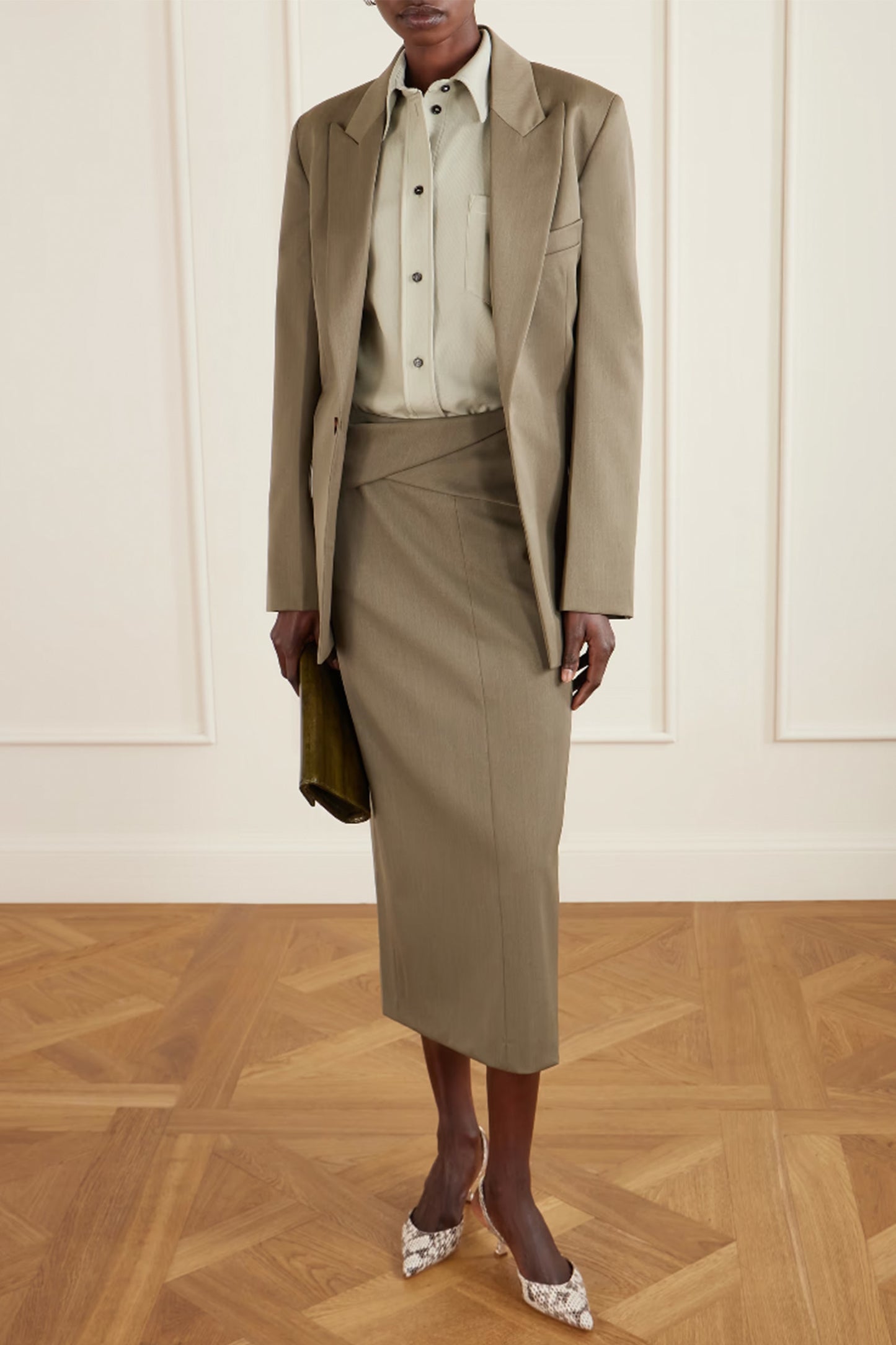 Belted Wool-blend Twill Midi Skirt