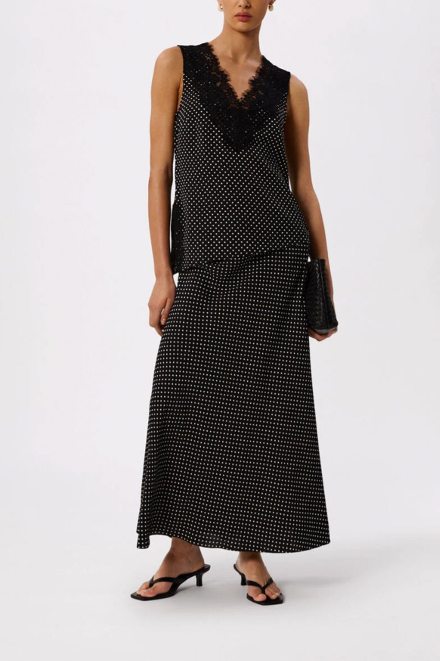 Black Mini Spot Fit and Flare Midi Skirt