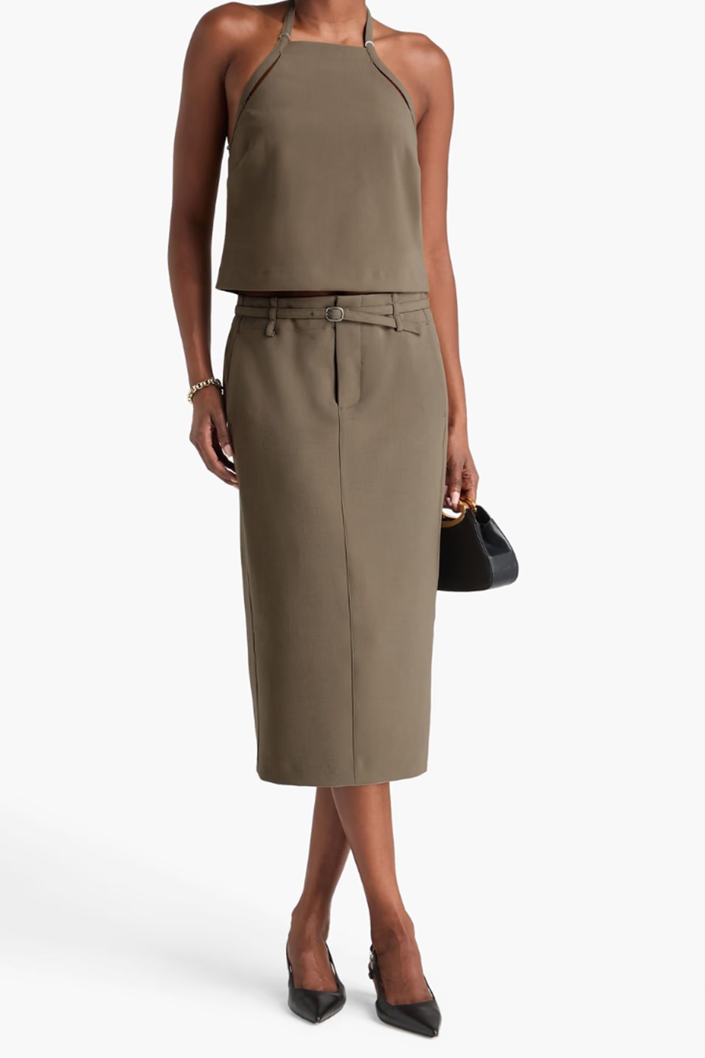 Belted Twill Midi Pencil Skirt