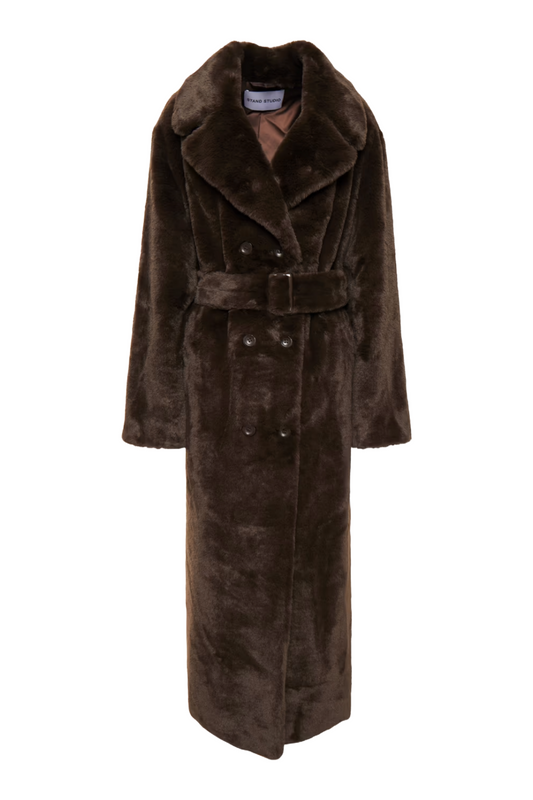 Faustine Dark Brown Belted Double-Breasted Faux Fur Coat