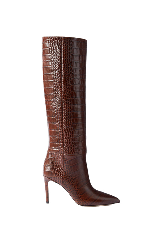 Stiletto Croc-Effect Chocolate Brown Leather Knee Boots