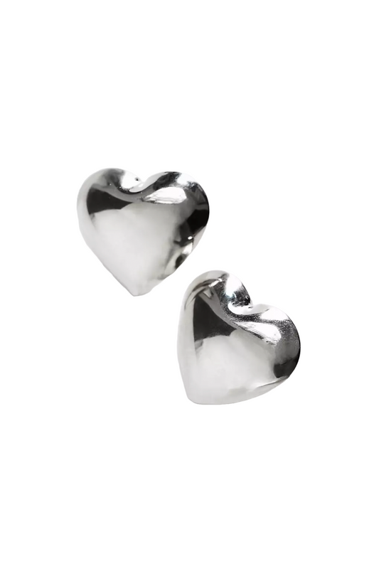 Stud Earrings with Oversized Puff Heart in Silver Tone
