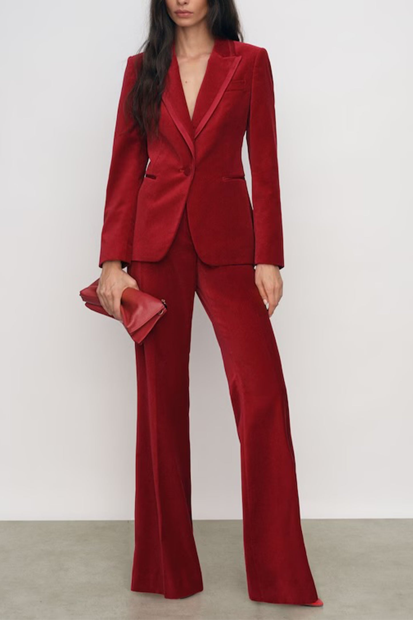 Velvet Single-breasted Suit Blazer and Trousers in Red