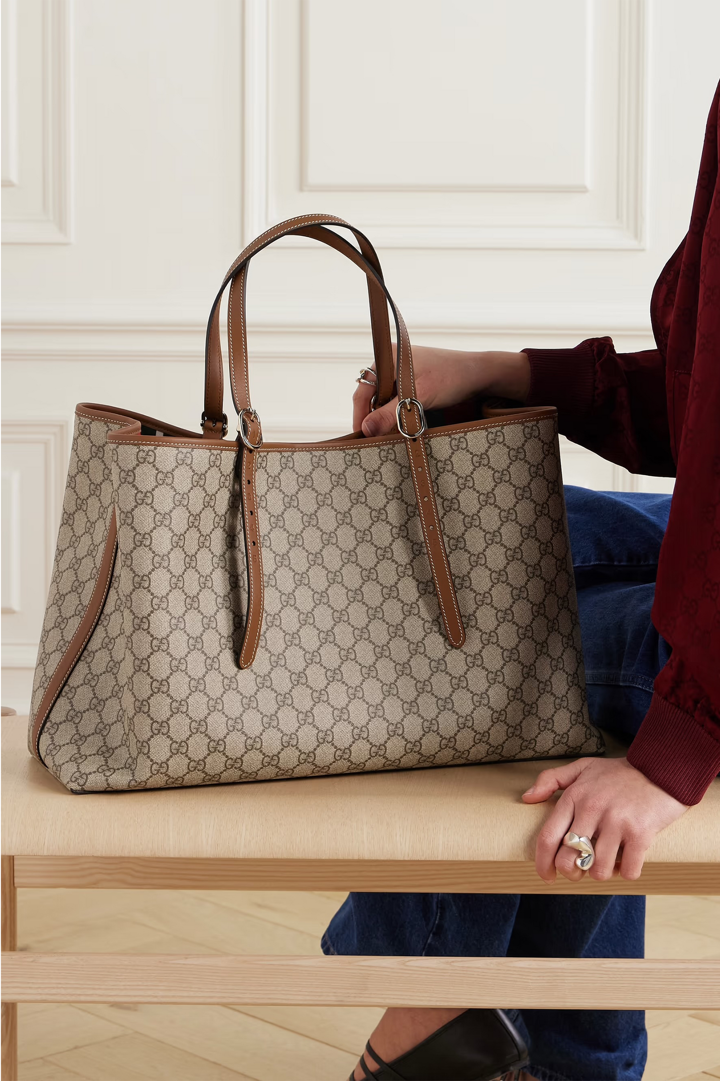 GG Emblem Leather-trimmed Printed Coated-canvas Tote