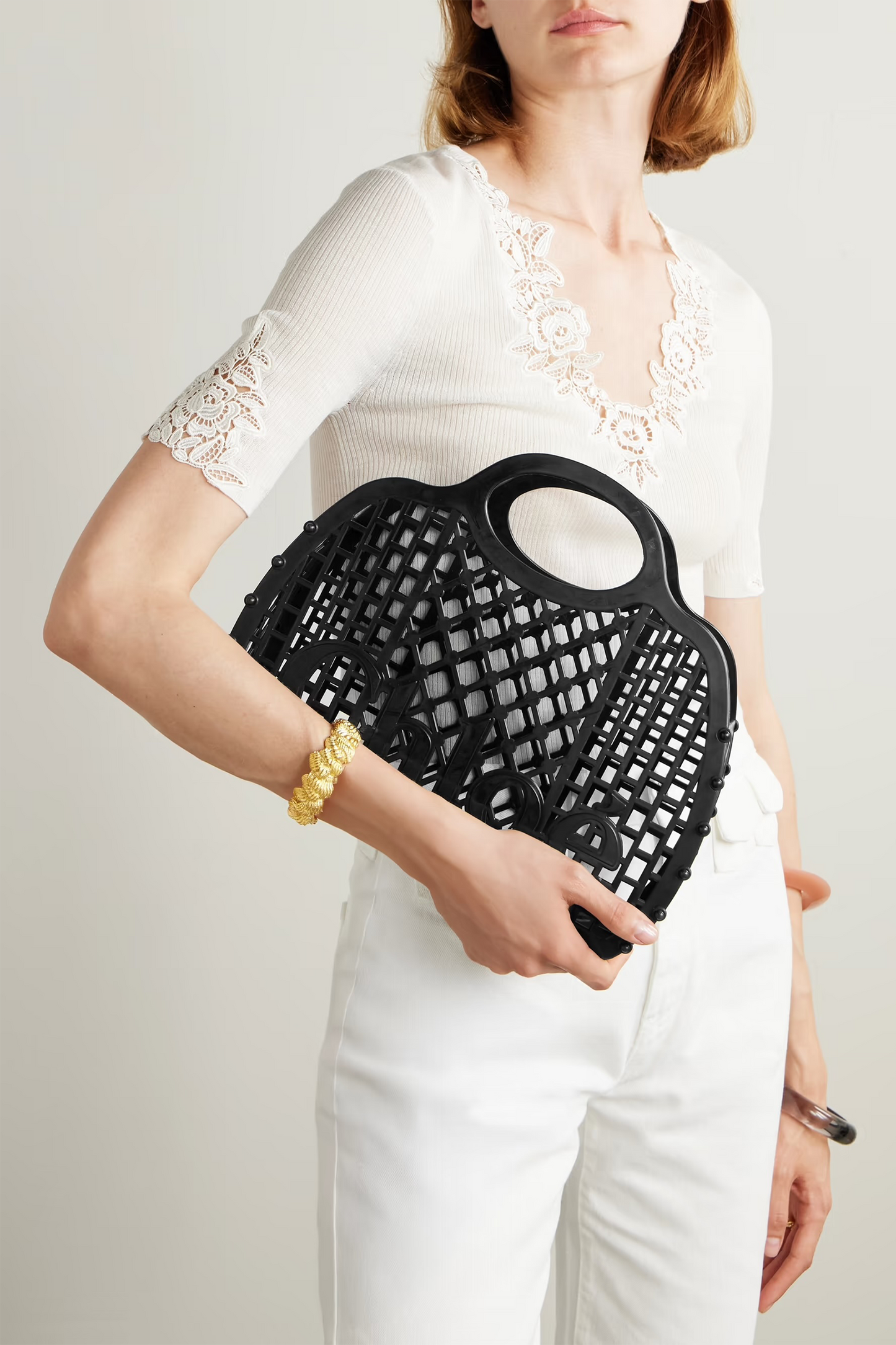 Cage Leather-trimmed Studded Rubber Shoulder Bag