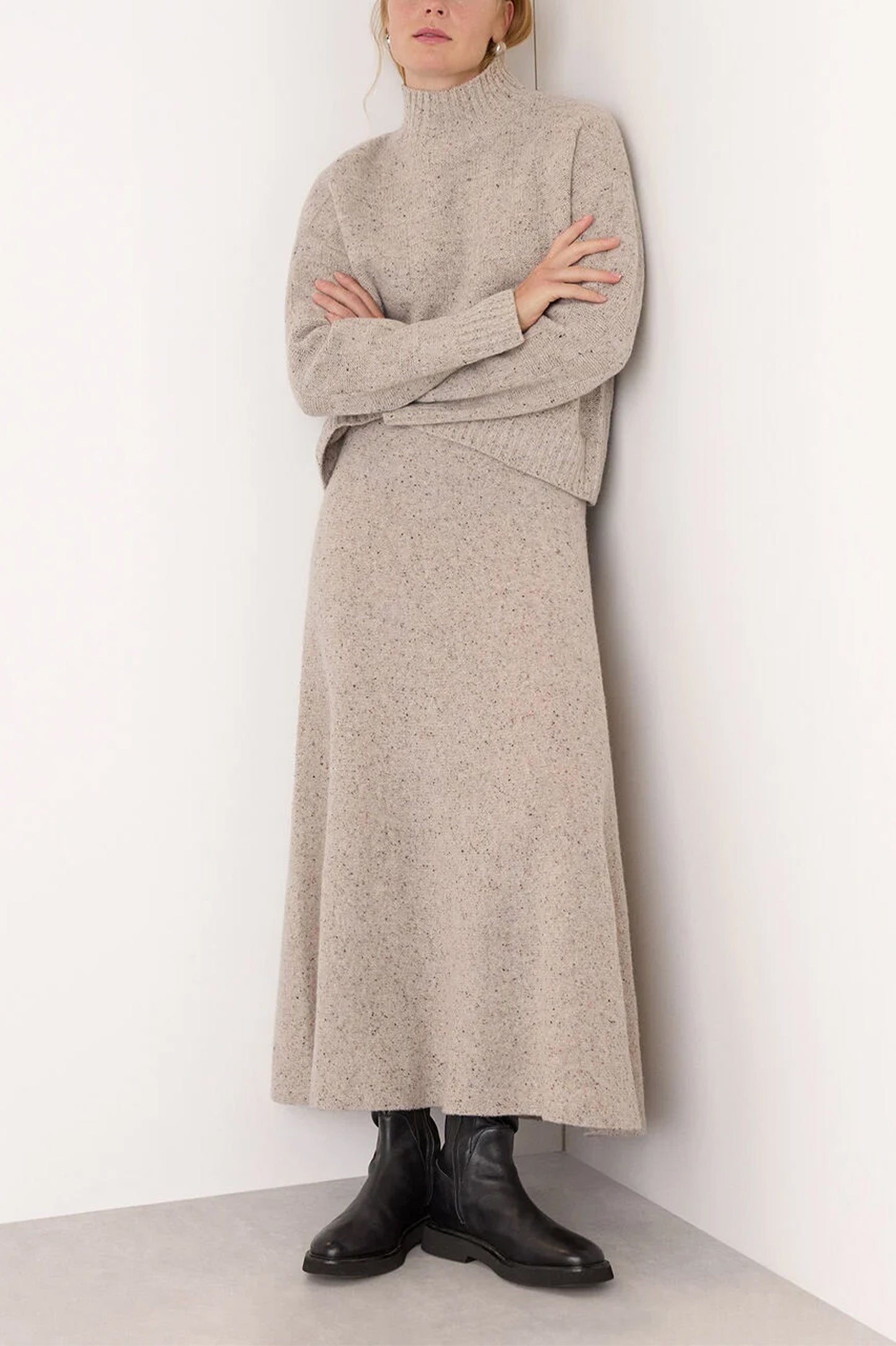 Neutral Wool Textured Check Knit and Skirt