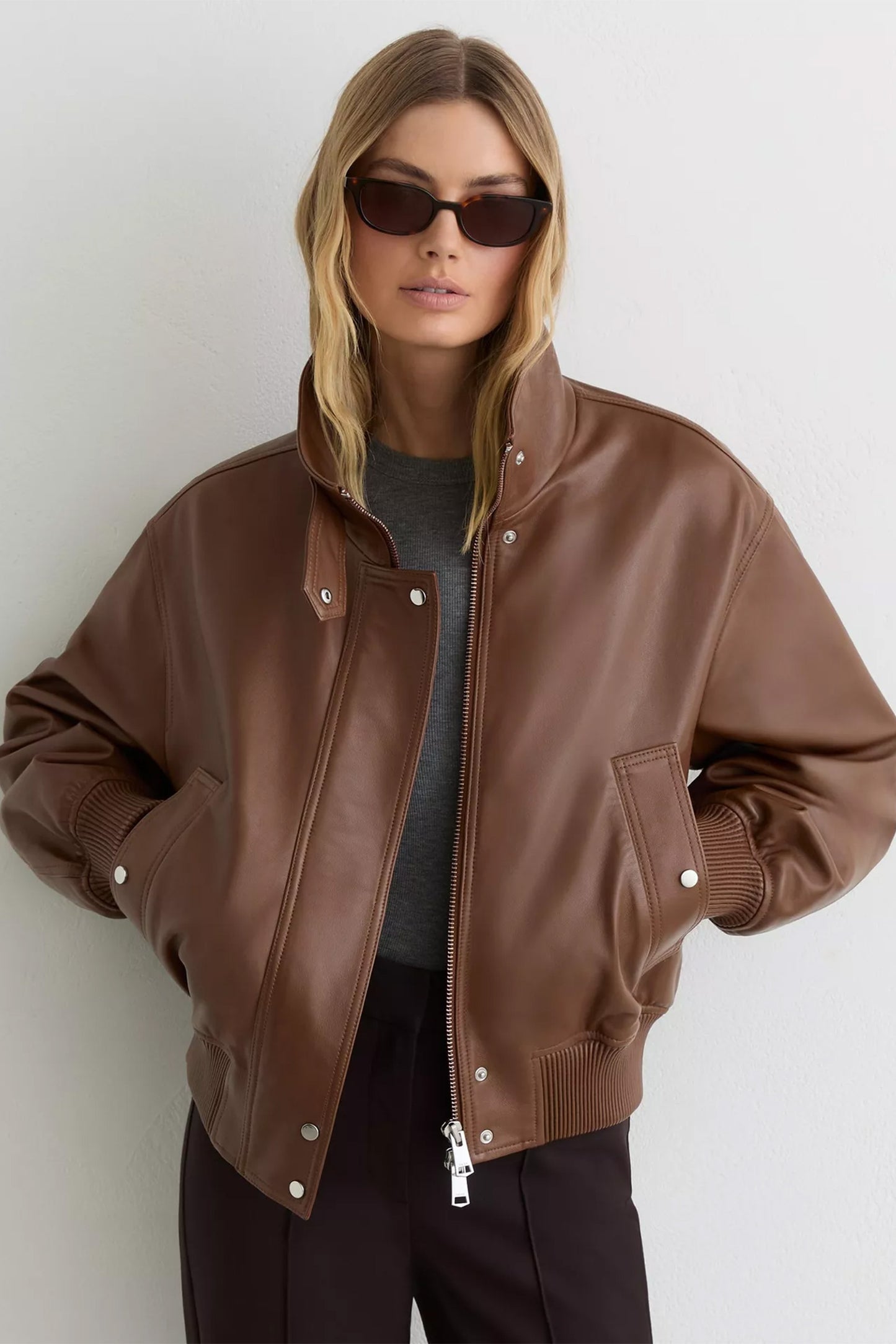 Petite Cara Leather Bomber Jacket, Chestnut Brown