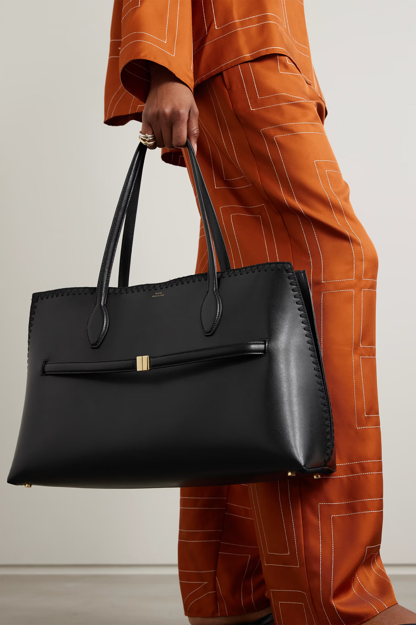 Belted Whipstitched Leather Tote
